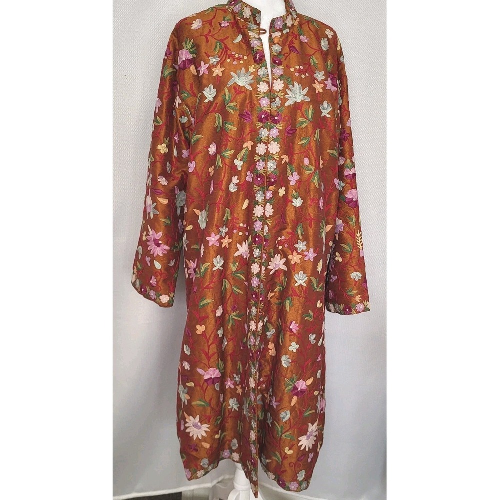 Vintage Long Kashmiri‎ Aari Crewel Embroidered Copper Silk Jacket Floral Size L